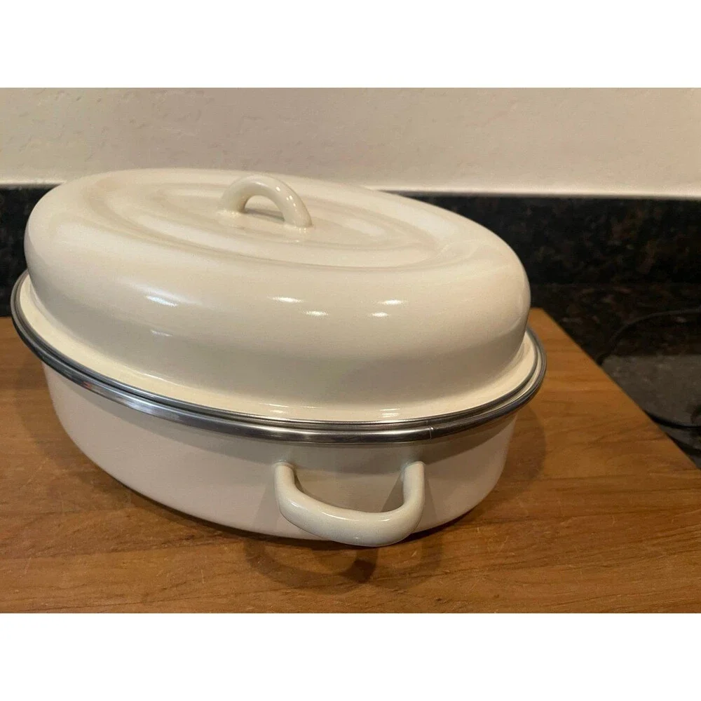 13 X 9 White Enamel Porcelain Roasting Pan With lid